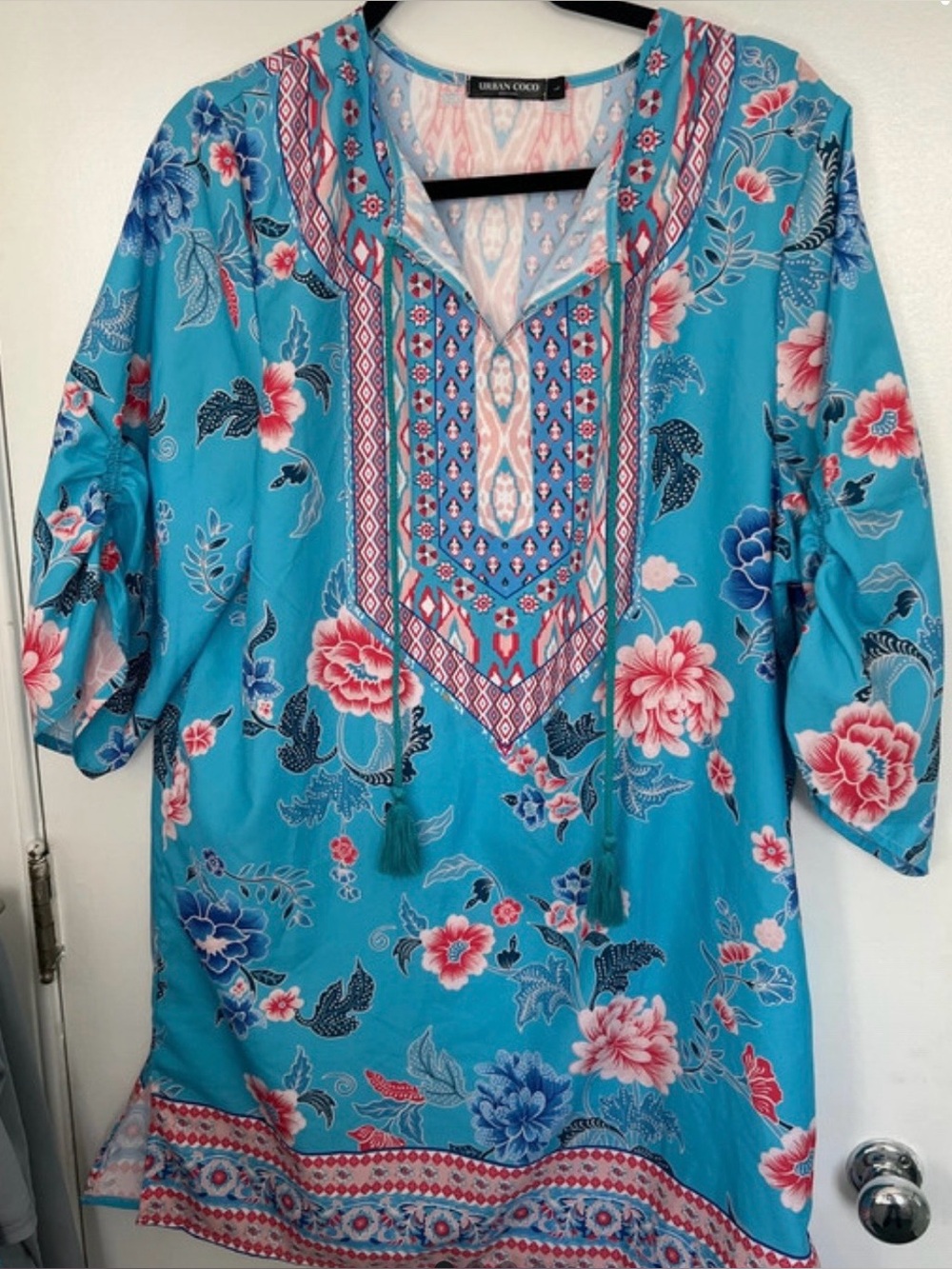 Blue Floral Split-Neck Tunic Top or cover up